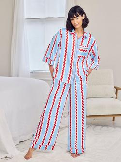 Chelsea Peers Wavy Stripes Satin Button Through Long Pyjama Set, Blue/Multi, Blue/Multi