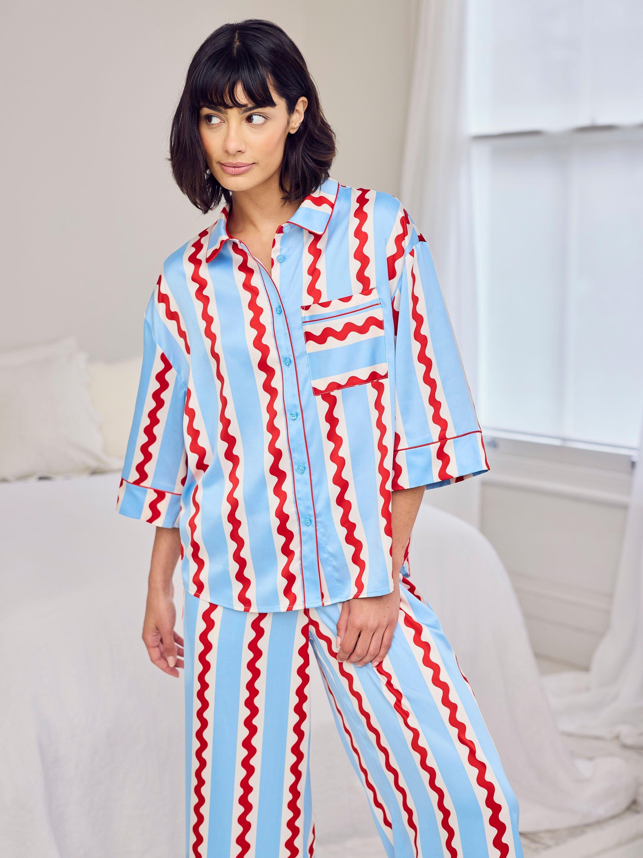 Product image 2 of 5, which shows Chelsea Peers Wavy Stripes Satin Button Through Long Pyjama Set, Blue/Multi, 10