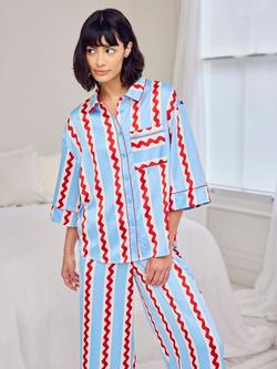Chelsea Peers Wavy Stripes Satin Button Through Long Pyjama Set, Blue/Multi - view 2, Blue/Multi