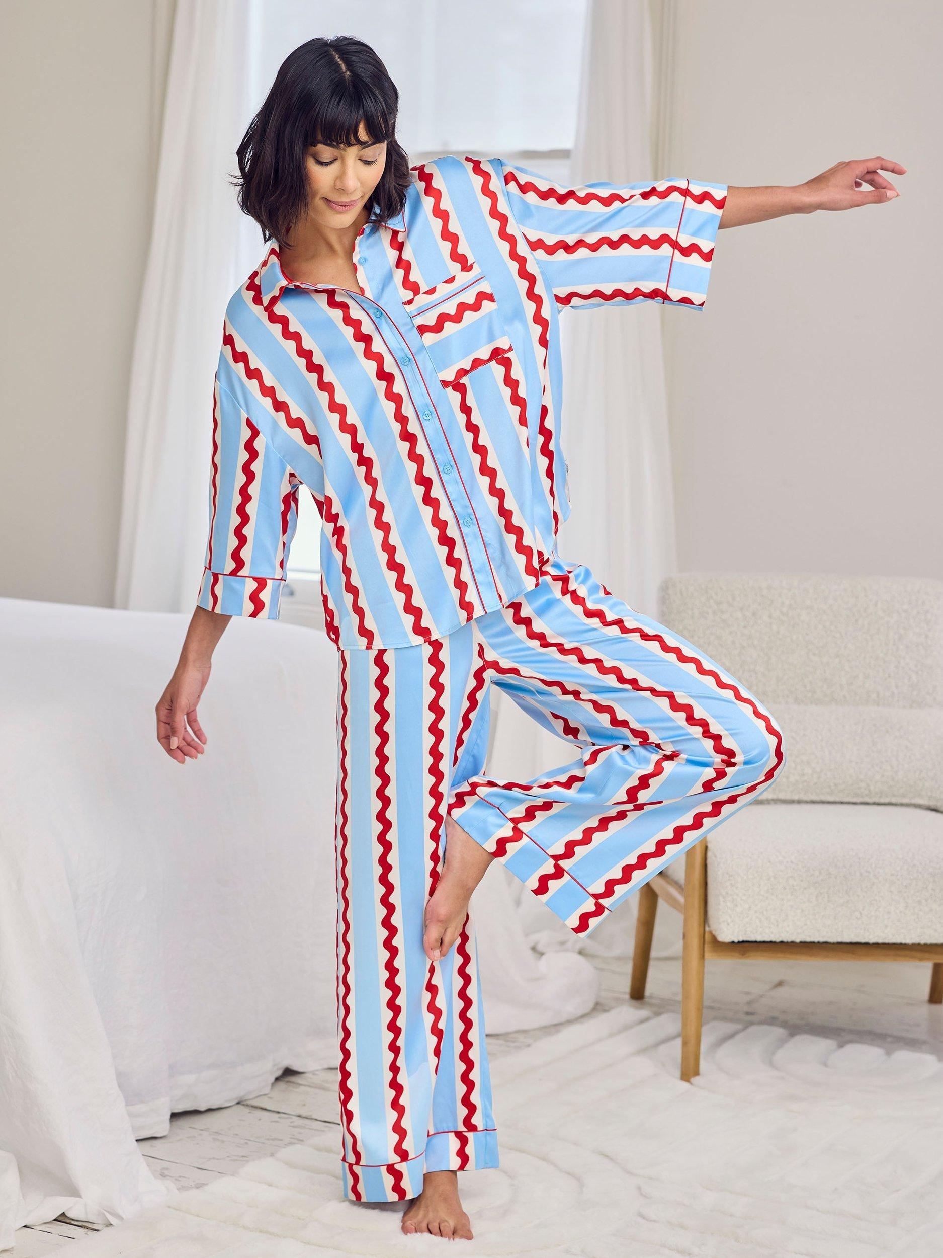 Product image 3 of 5, which shows Chelsea Peers Wavy Stripes Satin Button Through Long Pyjama Set, Blue/Multi, 10
