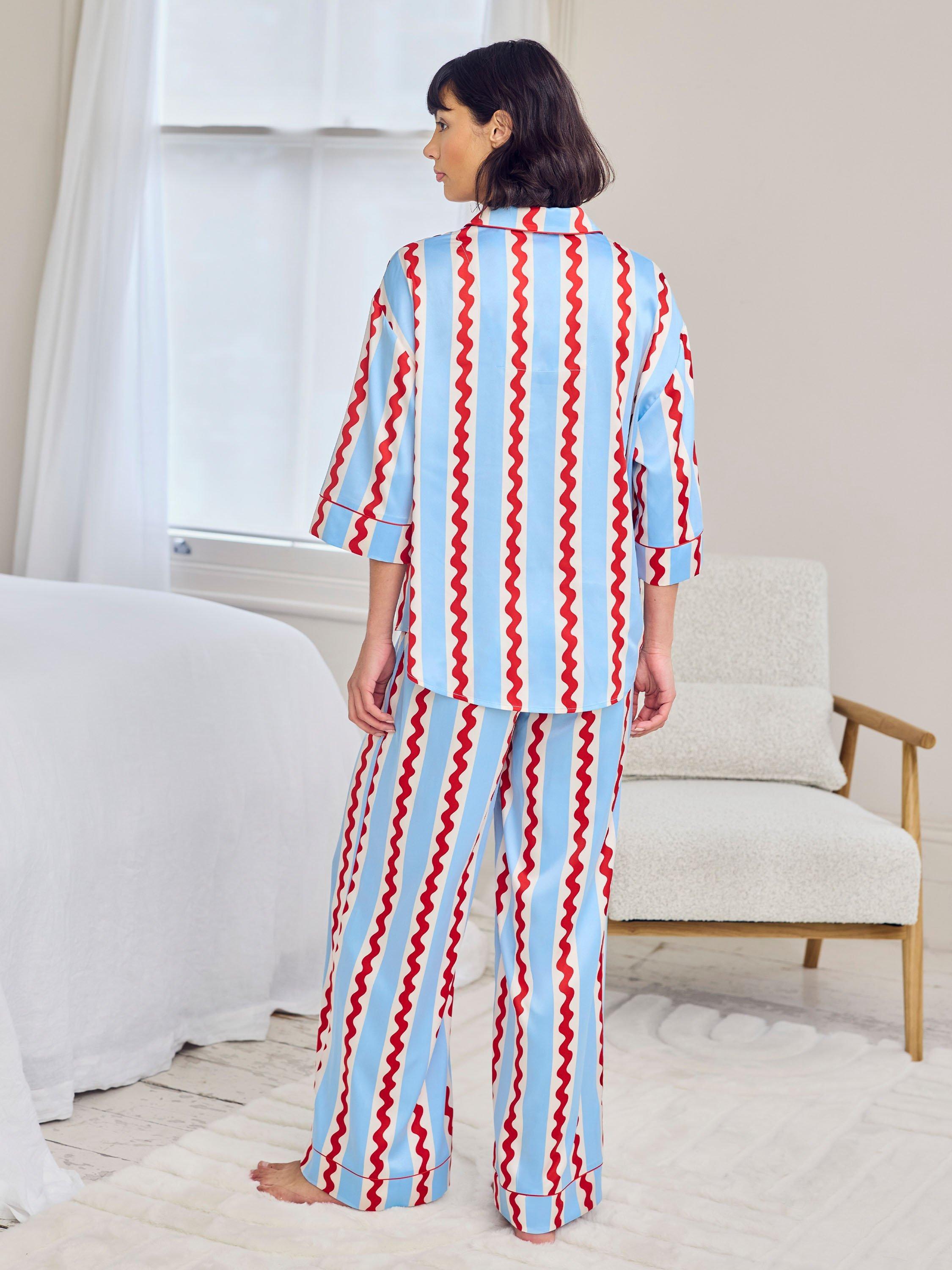 Product image 4 of 5, which shows Chelsea Peers Wavy Stripes Satin Button Through Long Pyjama Set, Blue/Multi, 10