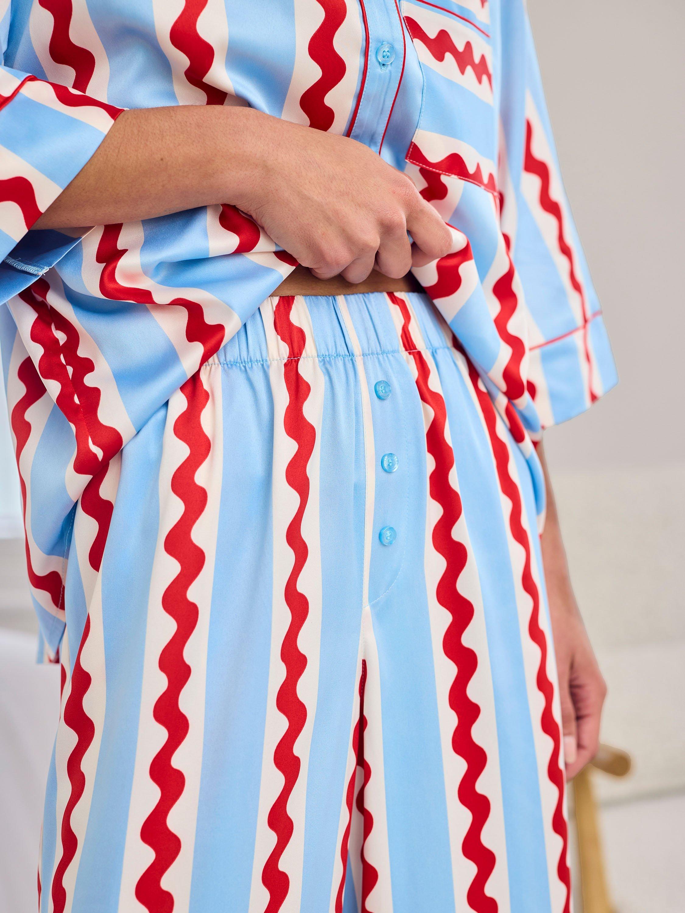 Product image 5 of 5, which shows Chelsea Peers Wavy Stripes Satin Button Through Long Pyjama Set, Blue/Multi, 10