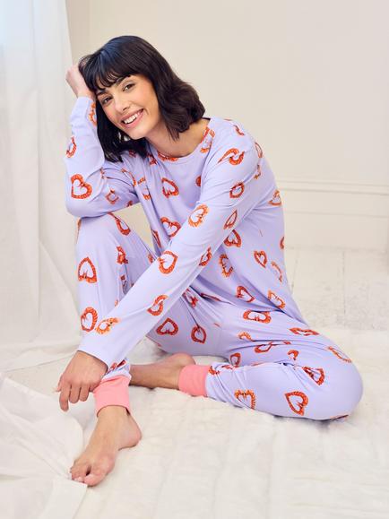Chelsea Peers Shrimp Heart Jersey Long Pyjama Set, Lilac/Multi - view 2, Lilac/Multi