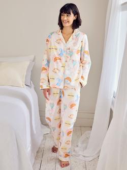 Chelsea Peers Slow Sundays Button Through Long Pyjama Set, Off White/Multi, Off White/Multi