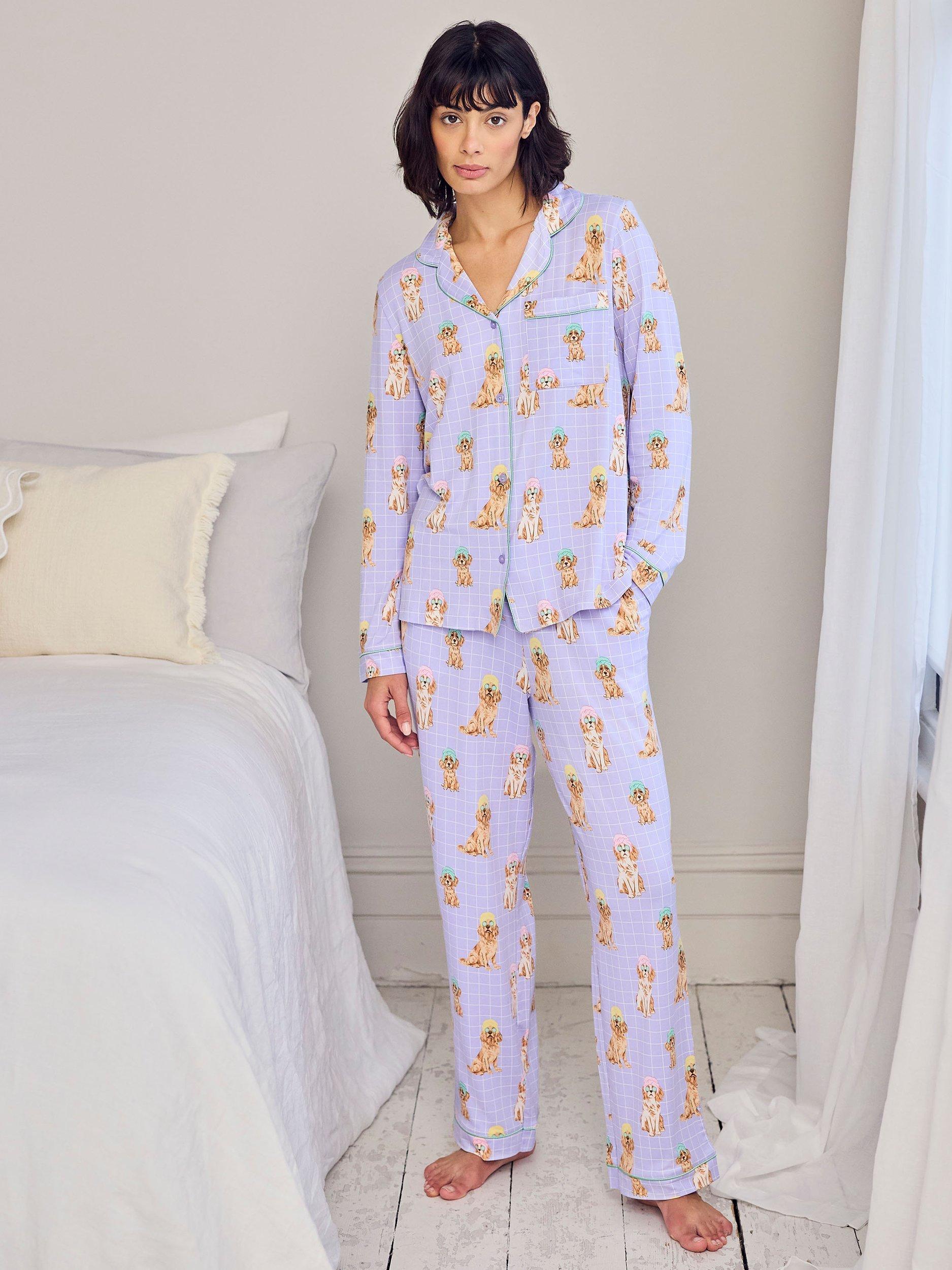 Product image 1 of 6, which shows Chelsea Peers Spa Dogs Button Through Long Pyjama Set, Lilac, 10