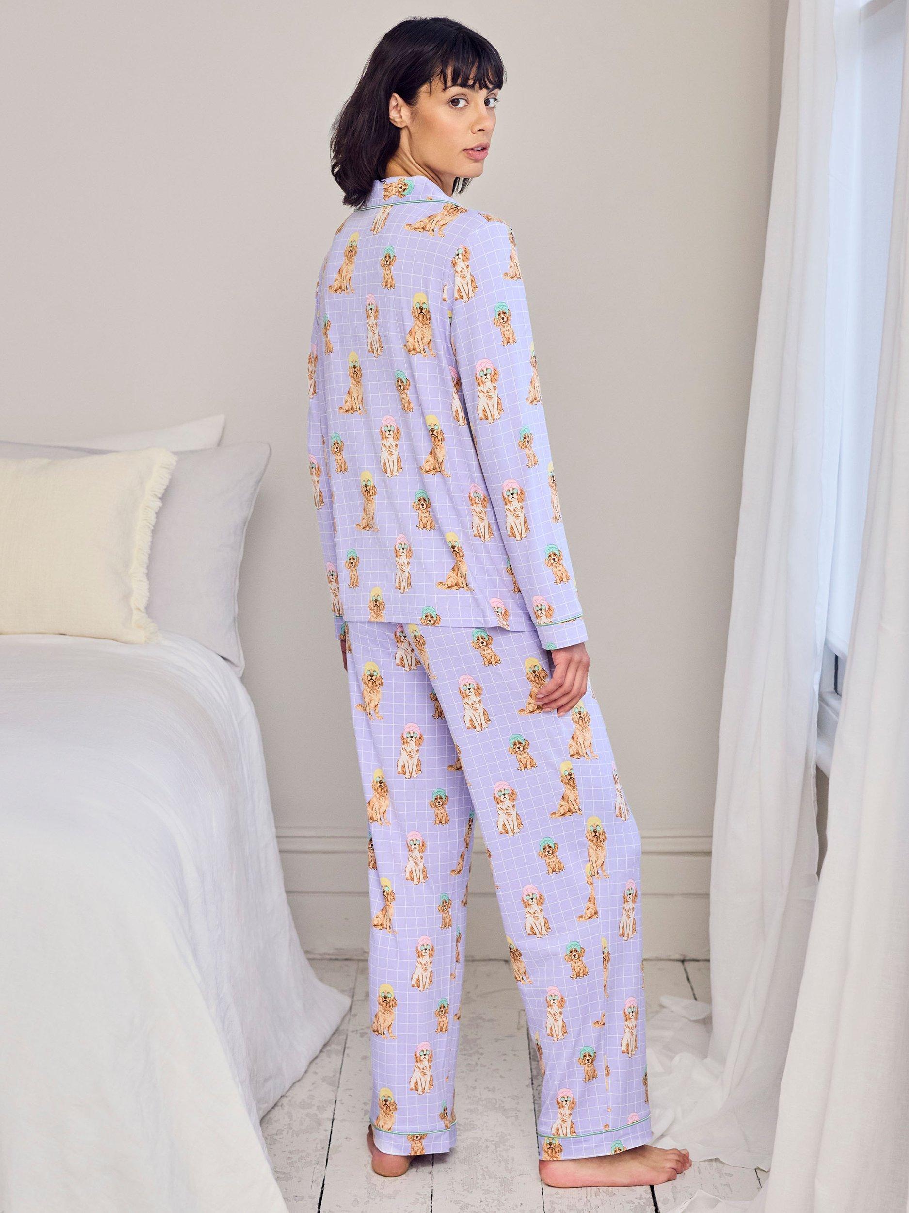 Product image 4 of 6, which shows Chelsea Peers Spa Dogs Button Through Long Pyjama Set, Lilac, 10