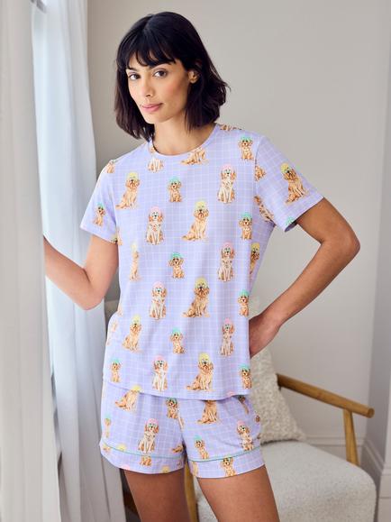 Chelsea Peers Spa Dogs Jersey Short Pyjama Set, Lilac/Multi, Lilac/Multi