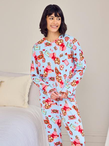 Chelsea Peers Tall Chocolate Box Jersey Long Pyjama Set, Blue/Multi - view 2, Blue/Multi