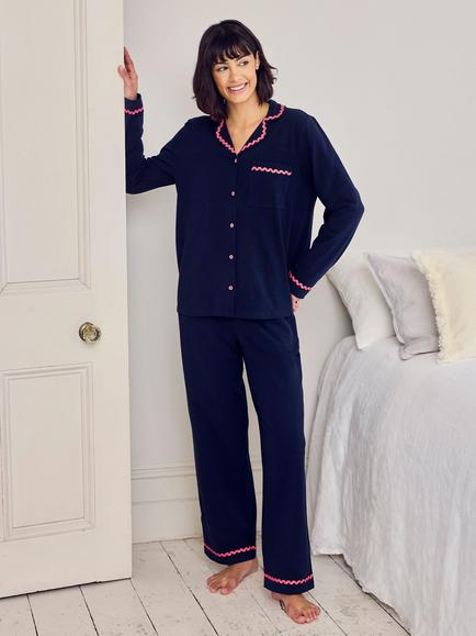 Chelsea Peers Tall Embroidered Long Pyjama Set, Navy/Pink, Navy/Pink