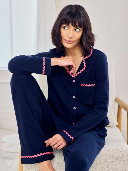 Chelsea Peers Tall Embroidered Long Pyjama Set, Navy/Pink - view 2, Navy/Pink