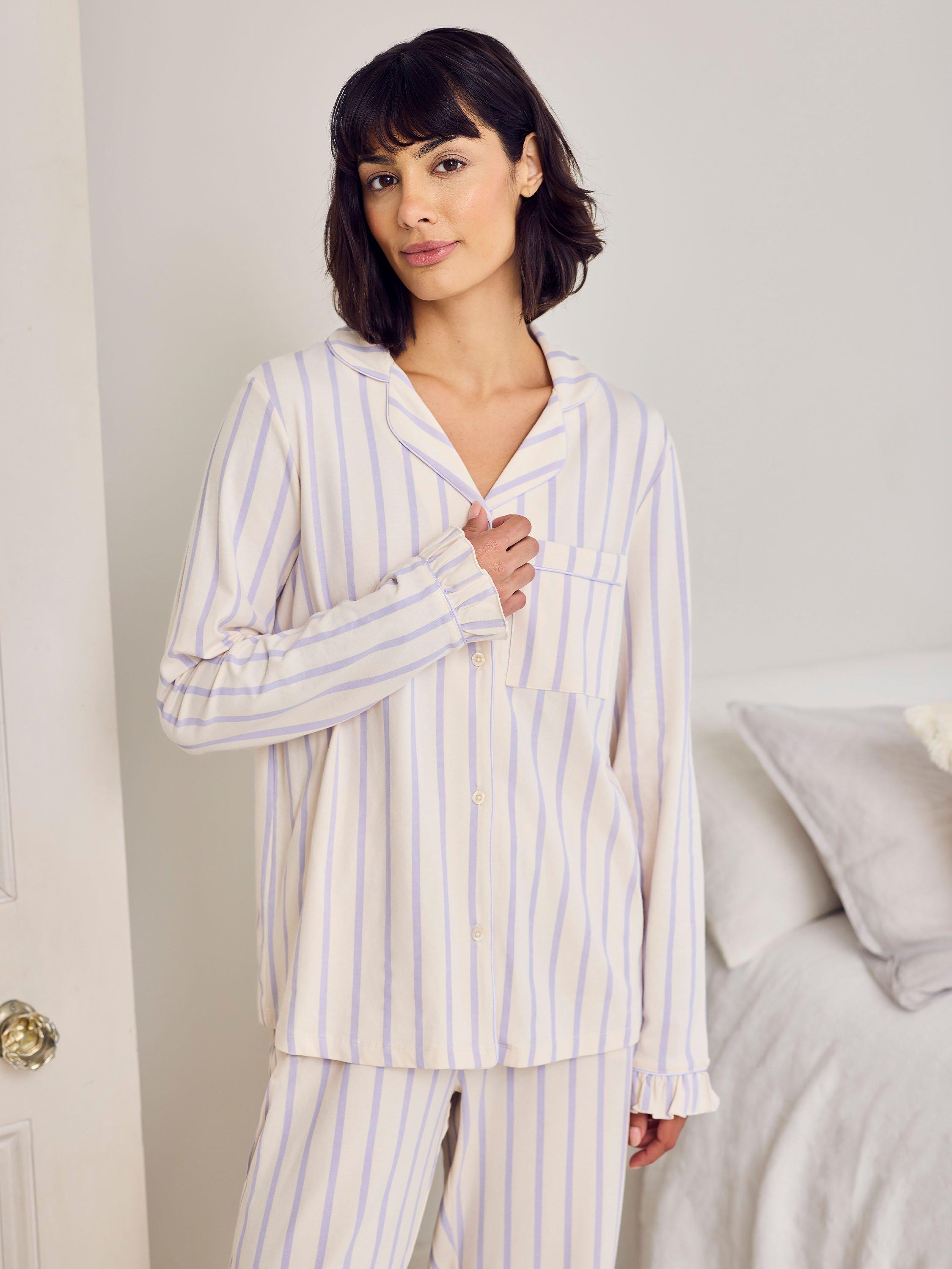 Product image 2 of 8, which shows Chelsea Peers Tall Stripe Long Pyjama Set, Lilac/Mutli, 10