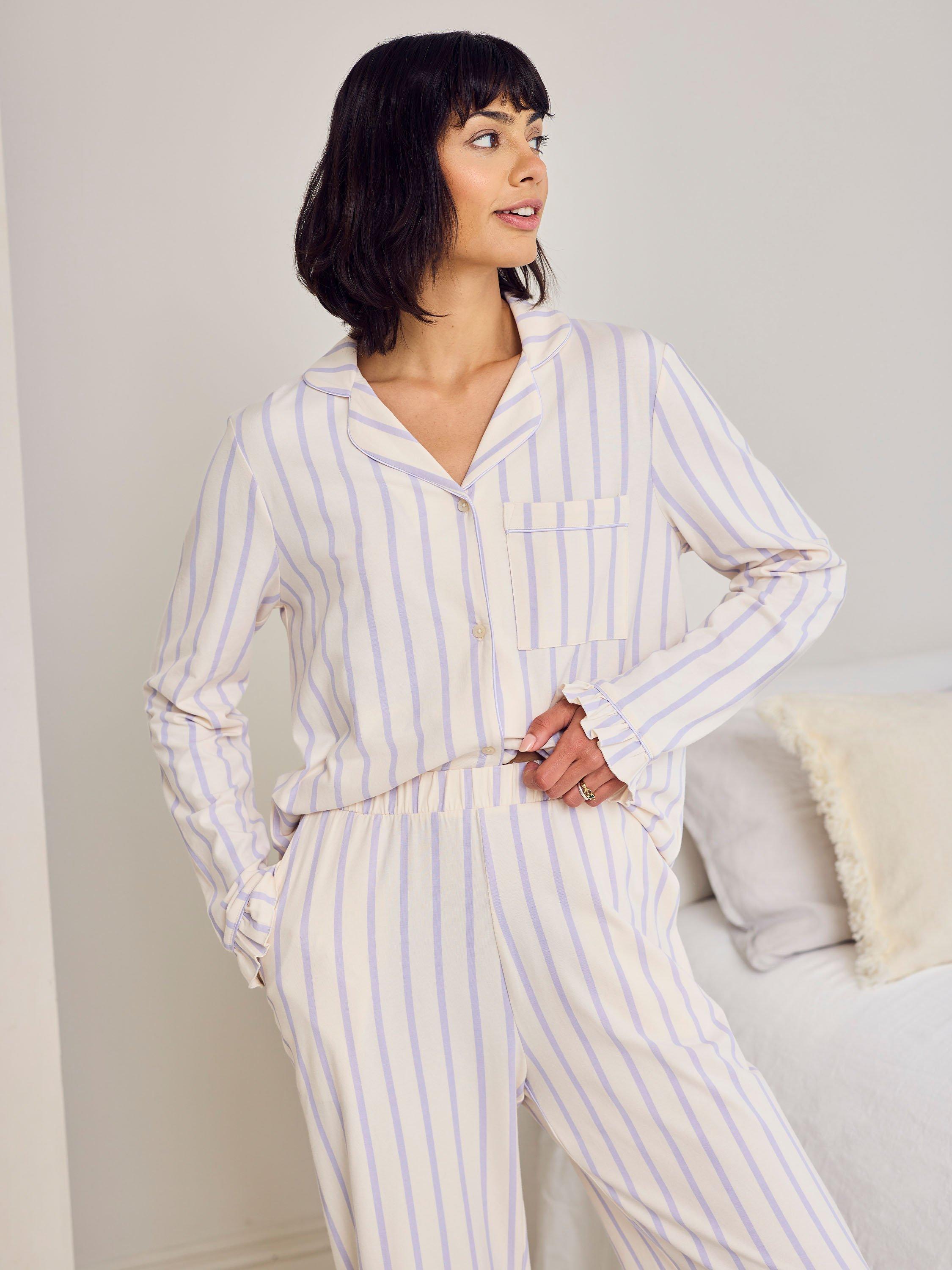 Product image 3 of 8, which shows Chelsea Peers Tall Stripe Long Pyjama Set, Lilac/Mutli, 10