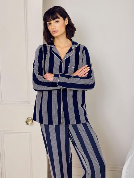 Chelsea Peers Tall Stripe Long Pyjama Set, Navy/White - view 2, Navy/White