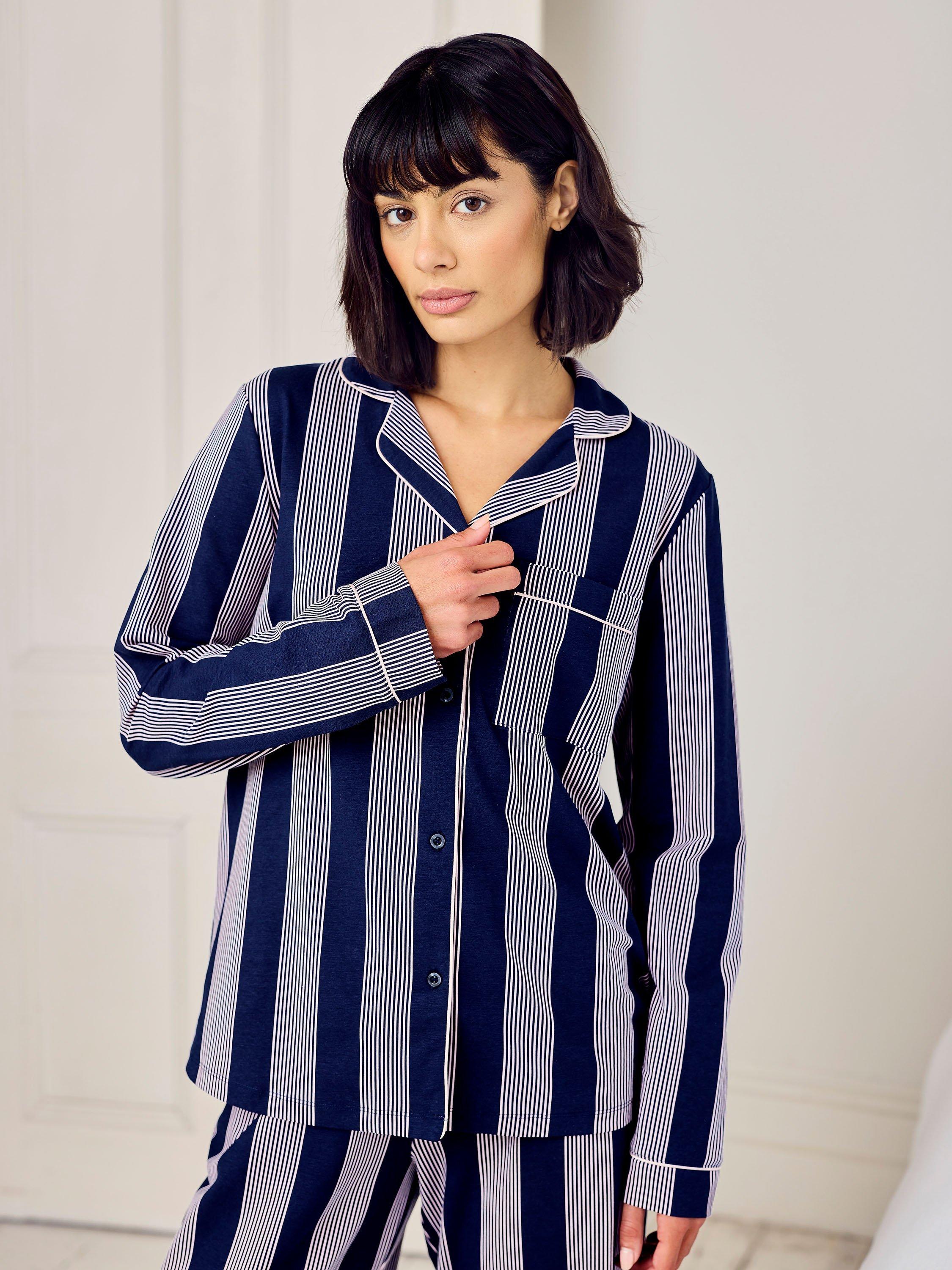 Product image 3 of 5, which shows Chelsea Peers Tall Stripe Long Pyjama Set, Navy/White, 10