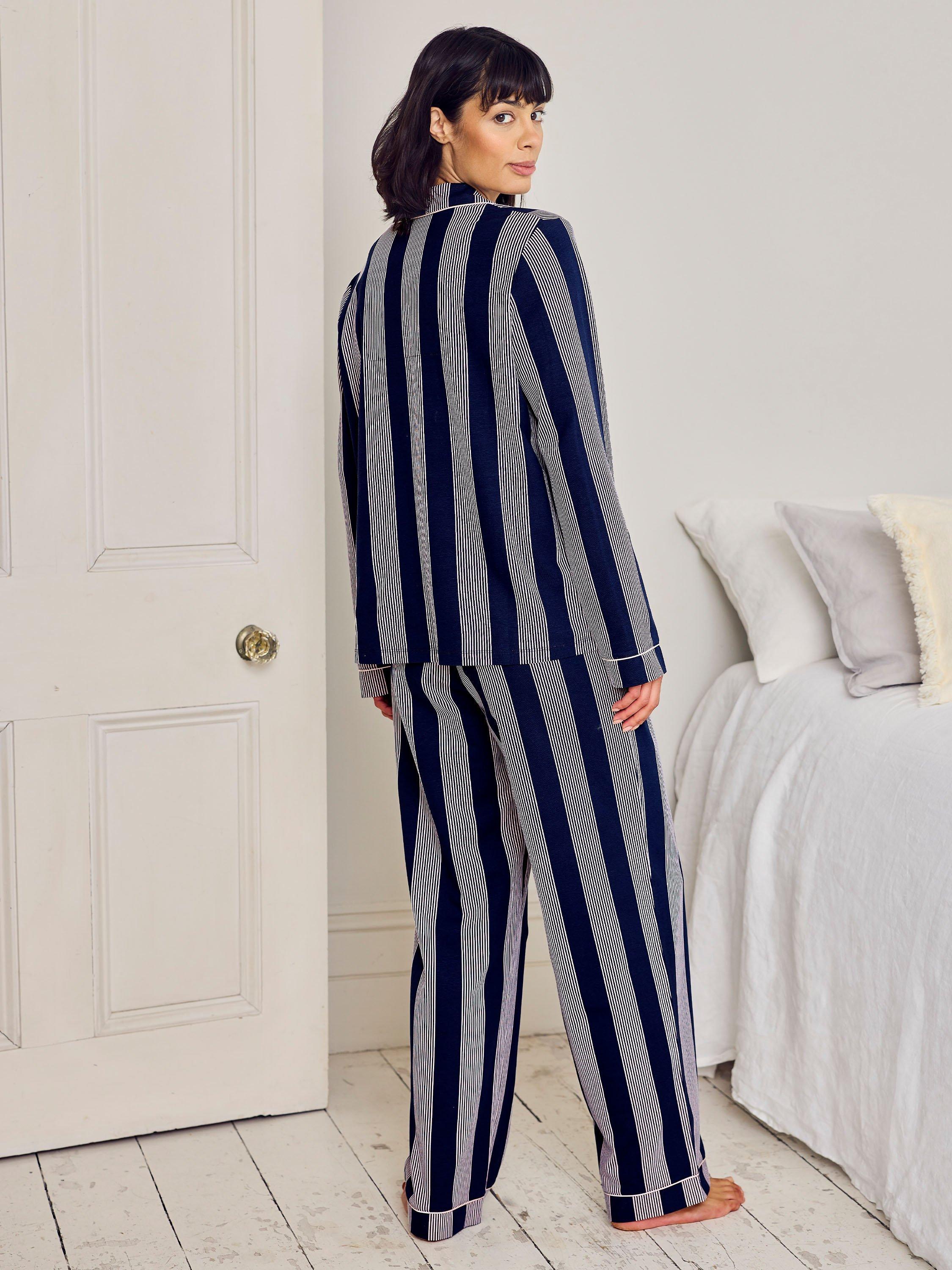 Product image 4 of 5, which shows Chelsea Peers Tall Stripe Long Pyjama Set, Navy/White, 10
