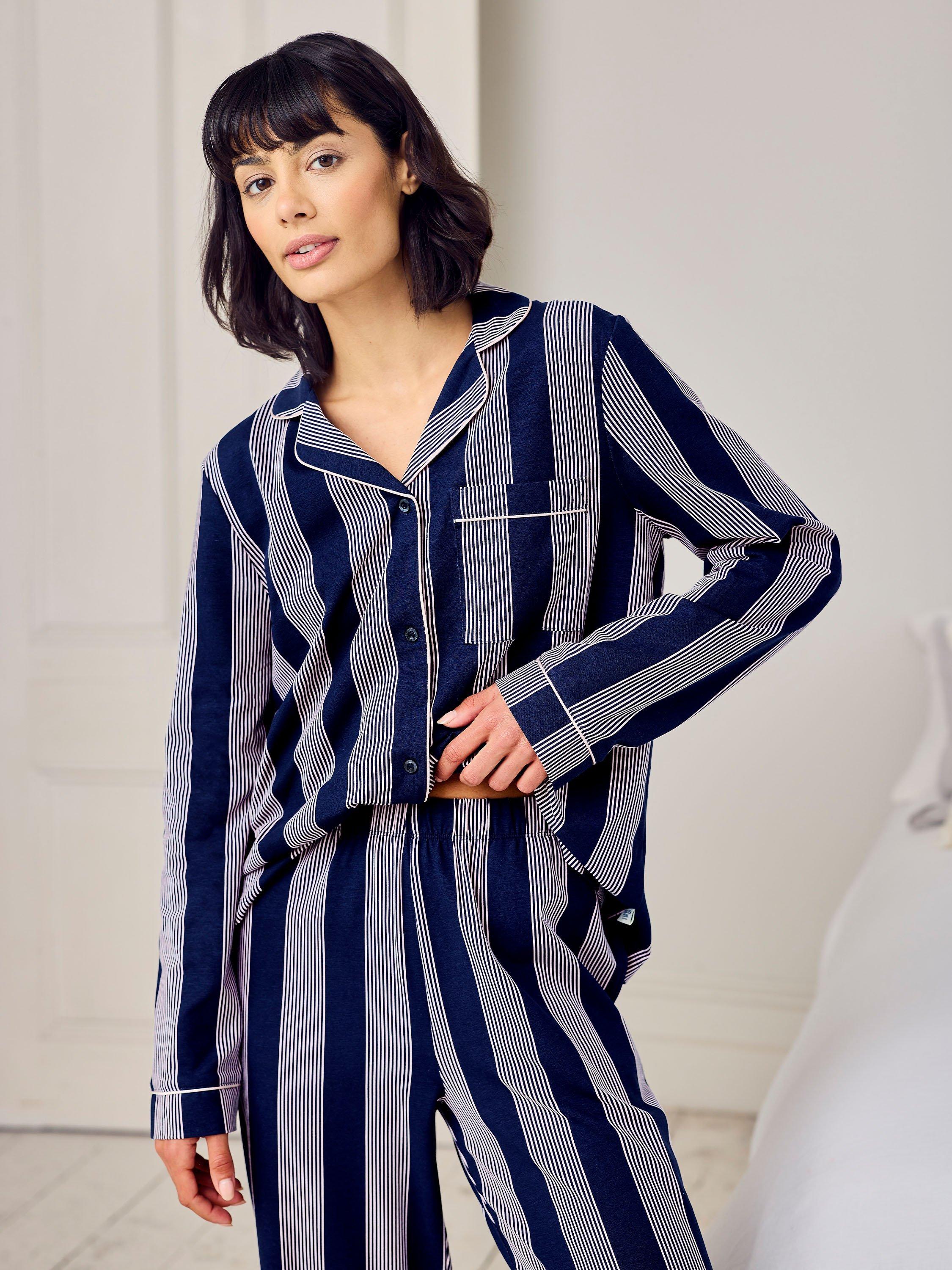 Product image 5 of 5, which shows Chelsea Peers Tall Stripe Long Pyjama Set, Navy/White, 10