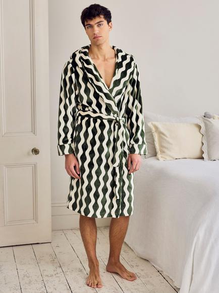 Chelsea Peers Wavy Stripe Hooded Dressing Gown,  Khaki, Khaki
