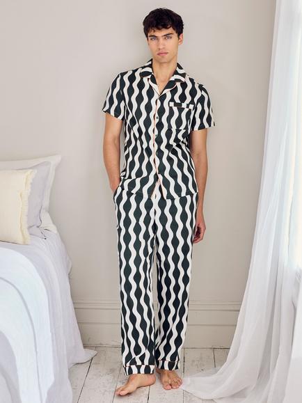 Chelsea Peers Cotton Poplin Wavy Stripe Short Sleeve Pyjama Set, Khaki, Khaki