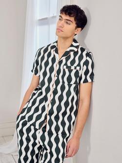 Chelsea Peers Cotton Poplin Wavy Stripe Short Sleeve Pyjama Set, Khaki - view 2, Khaki