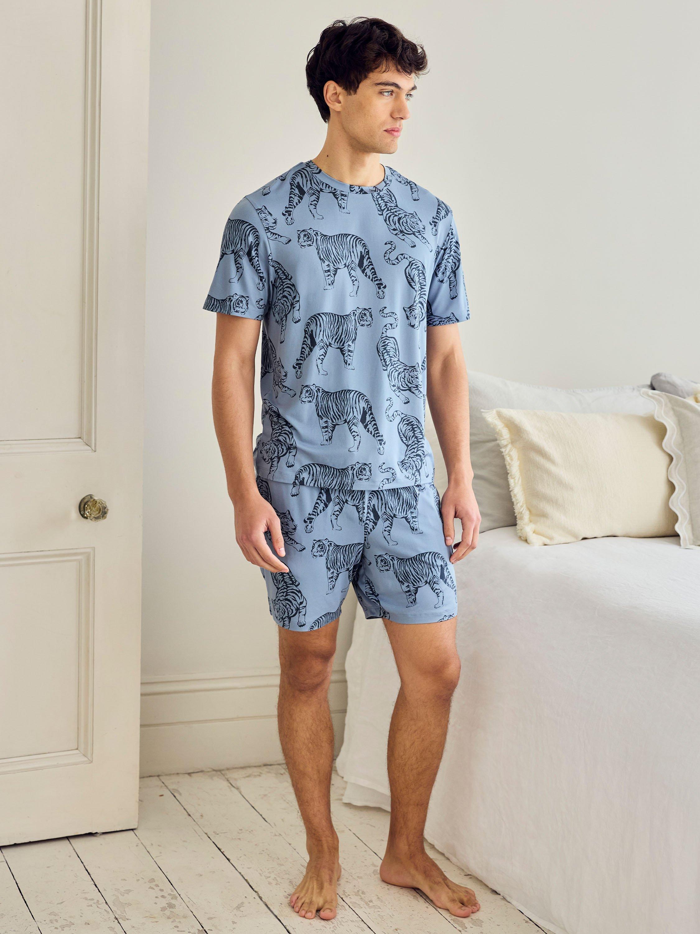 Product image 1 of 5, which shows Chelsea Peers Tiger Print Short Pyjama Set, Blue, L