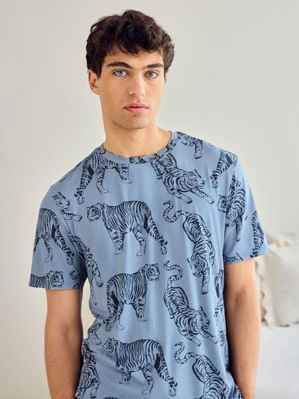 Chelsea Peers Tiger Print Short Pyjama Set, Blue - view 2, Blue