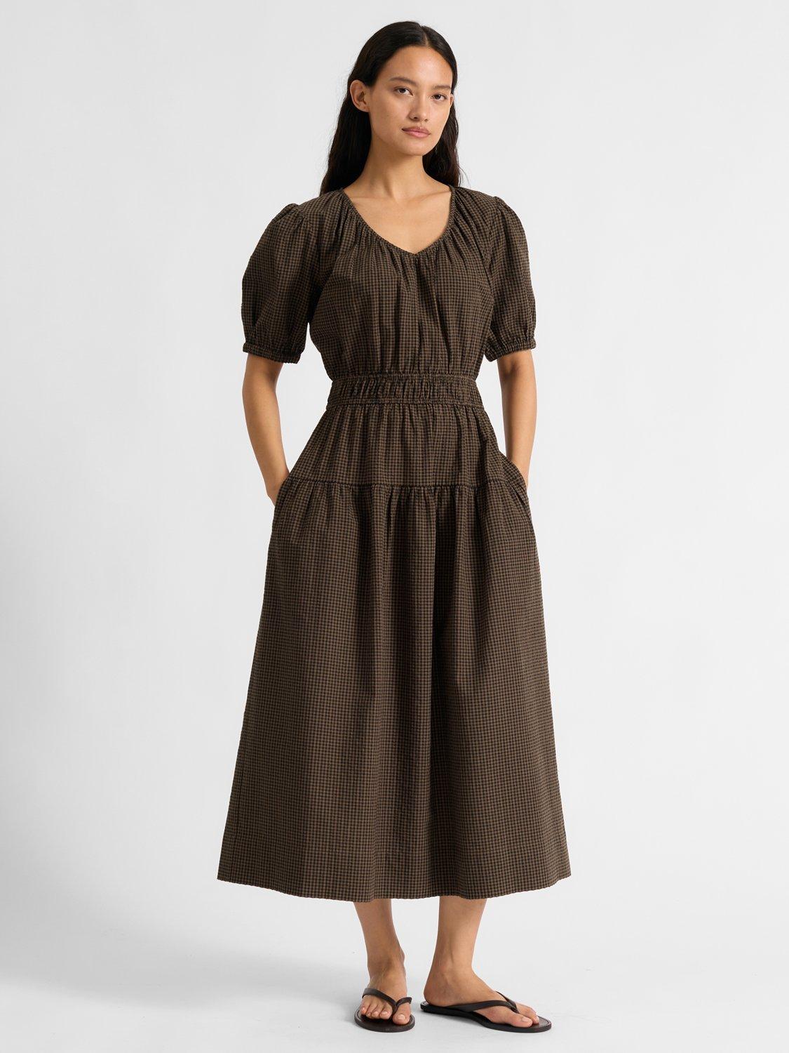 Product image 1 of 4, which shows Albaray Gingham Midi Dress, Brown, 8