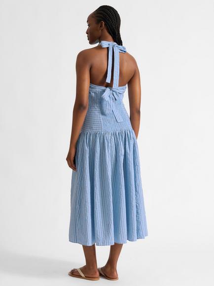 Albaray Stripe Halterneck Sun Dress, Blue - view 2, Blue