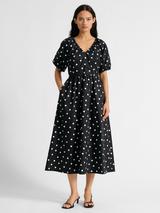 Albaray Spot Print Puff Sleeve Midi Dress, Black