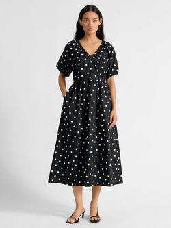 Albaray Spot Print Puff Sleeve Midi Dress, Black, Black