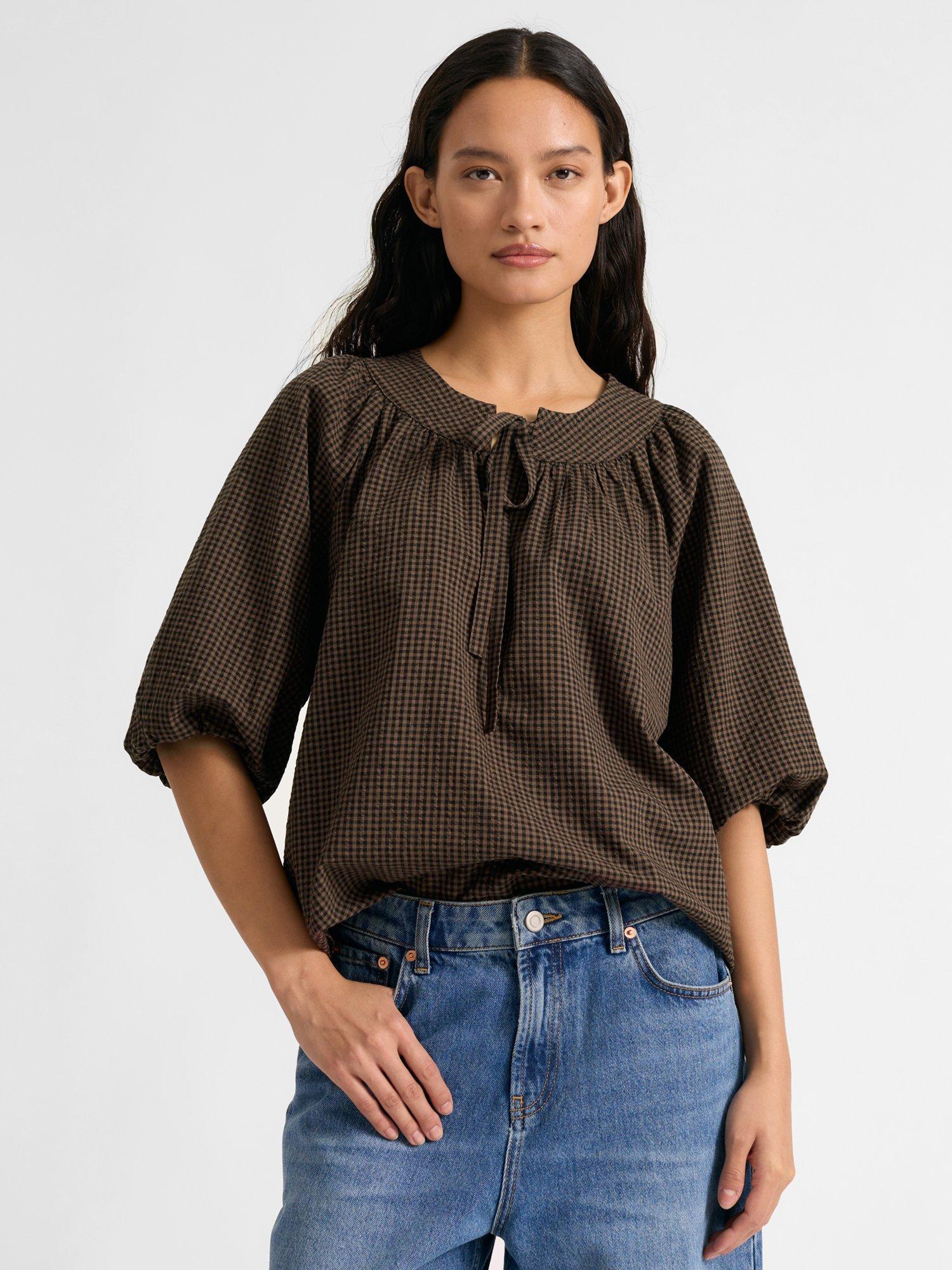 Product image 1 of 6, which shows Albaray Tie Neck Gingham Top, Brown, 8