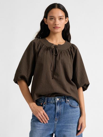 Albaray Tie Neck Gingham Top, Brown, Brown