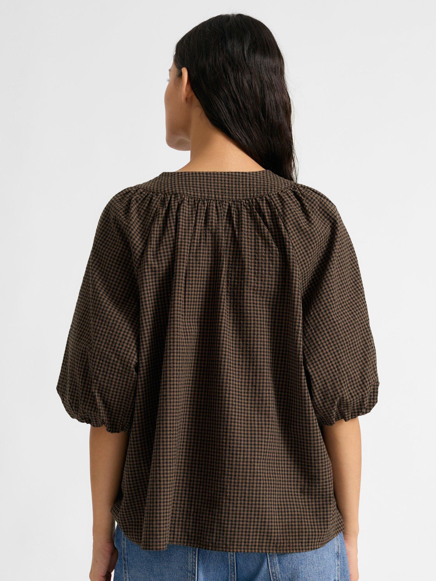 Product image 2 of 6, which shows Albaray Tie Neck Gingham Top, Brown, 8