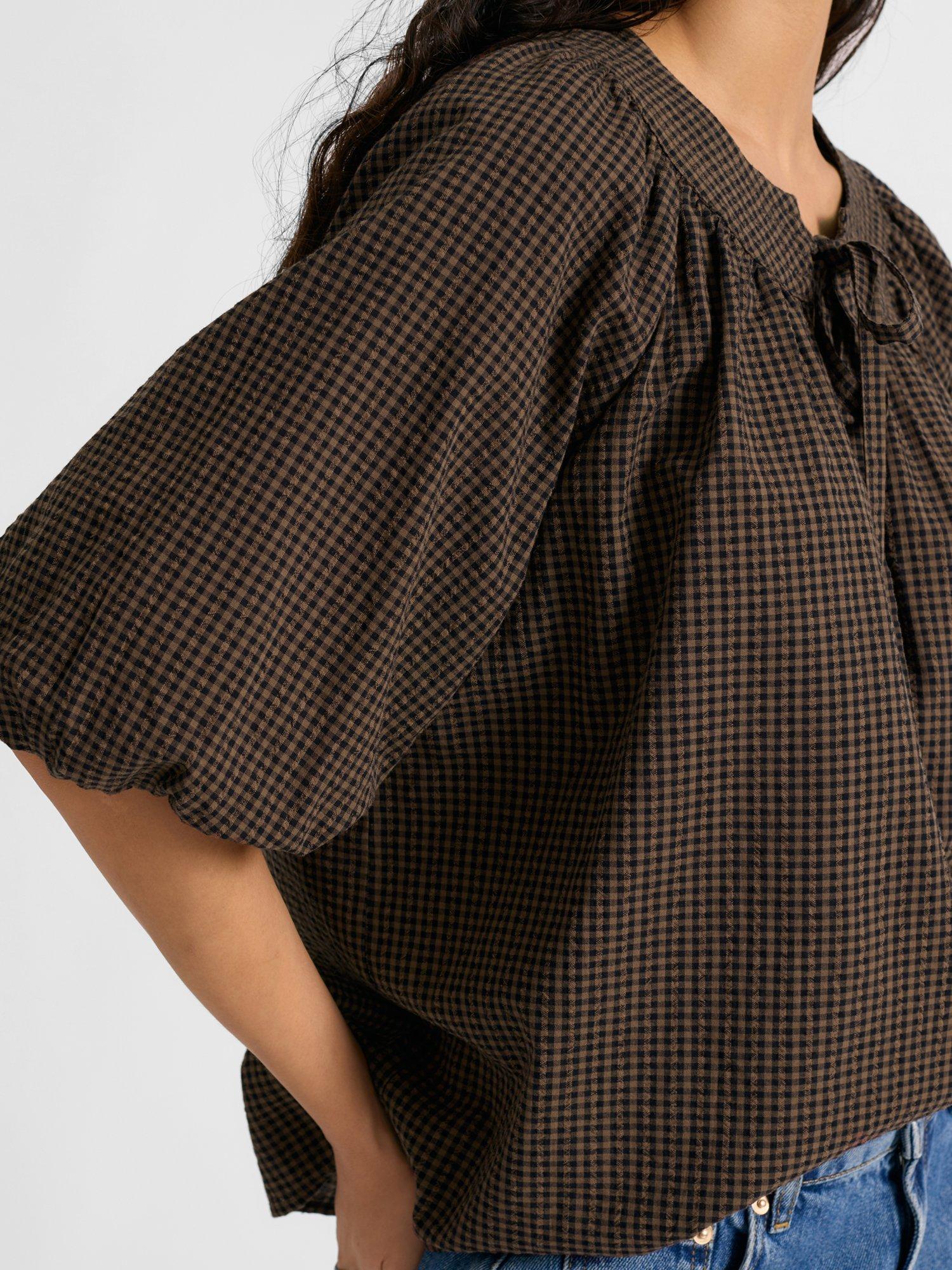 Product image 3 of 6, which shows Albaray Tie Neck Gingham Top, Brown, 8