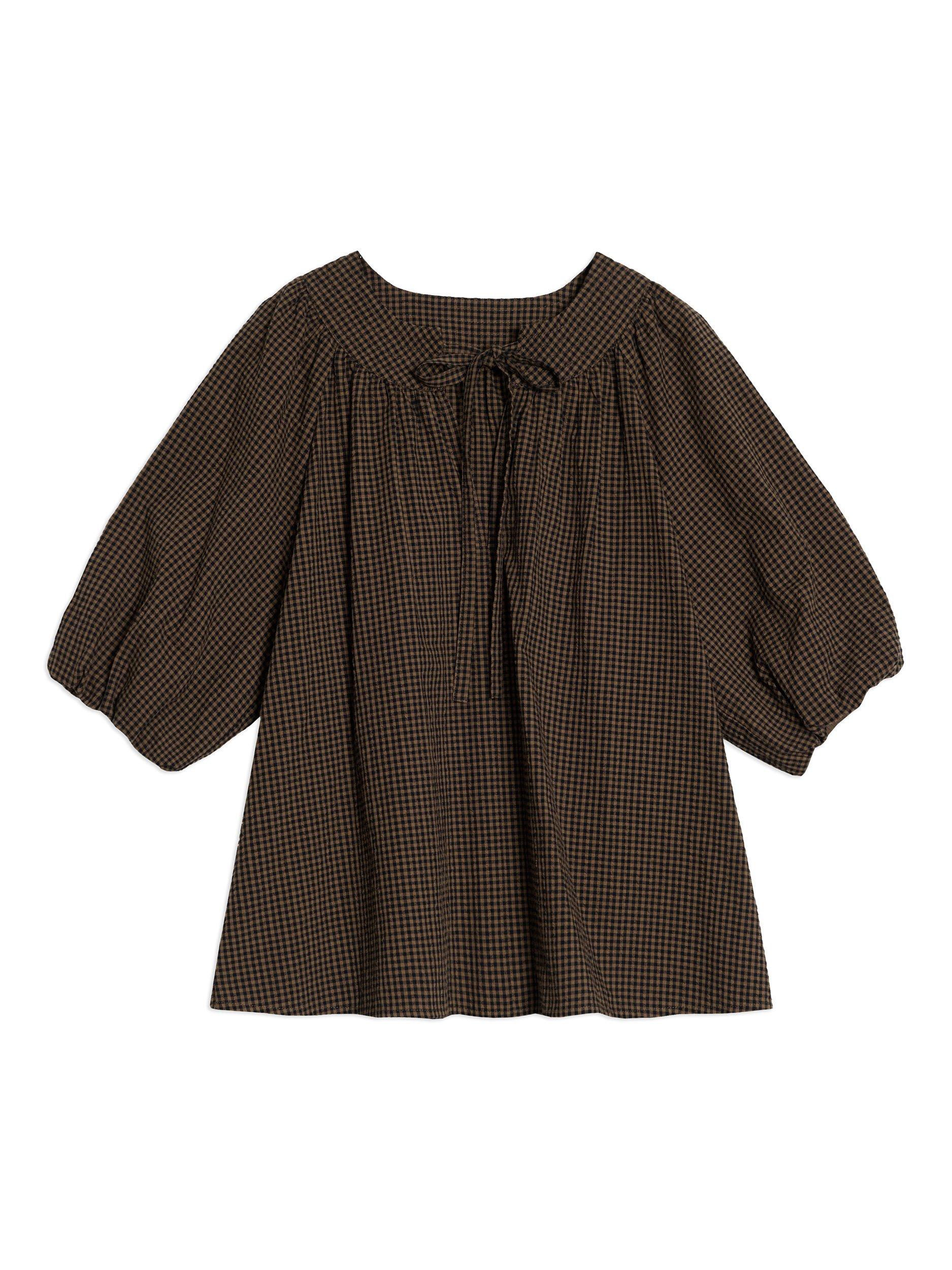 Product image 4 of 6, which shows Albaray Tie Neck Gingham Top, Brown, 8