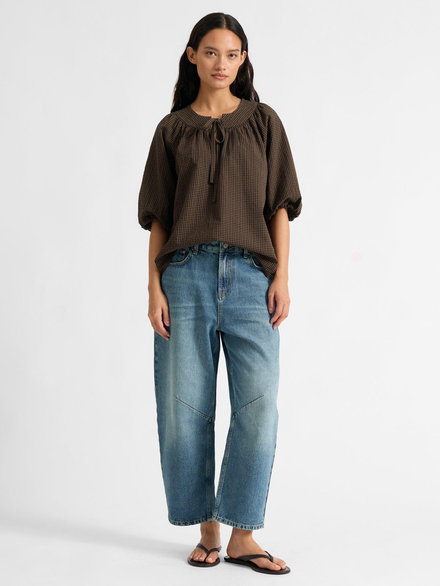 Product image 5 of 6, which shows Albaray Tie Neck Gingham Top, Brown, 8