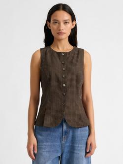 Albaray Gingham Curved Hem Waistcoat, Brown, Brown