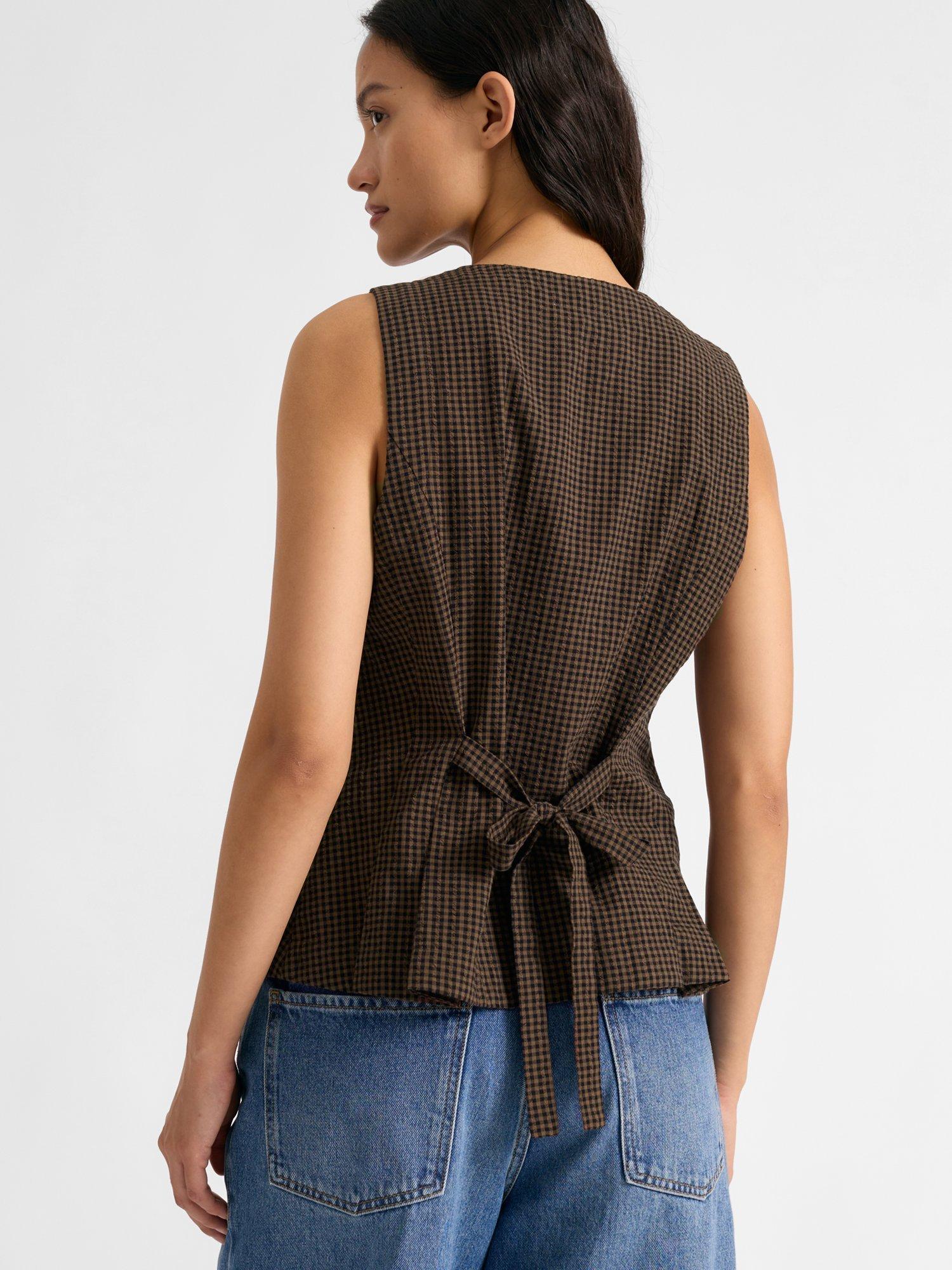 Product image 2 of 6, which shows Albaray Gingham Curved Hem Waistcoat, Brown, 8