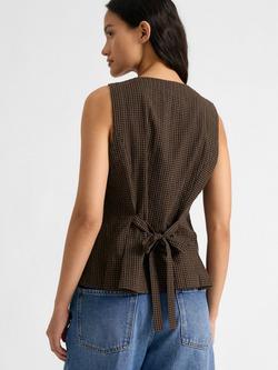 Albaray Gingham Curved Hem Waistcoat, Brown - view 2, Brown