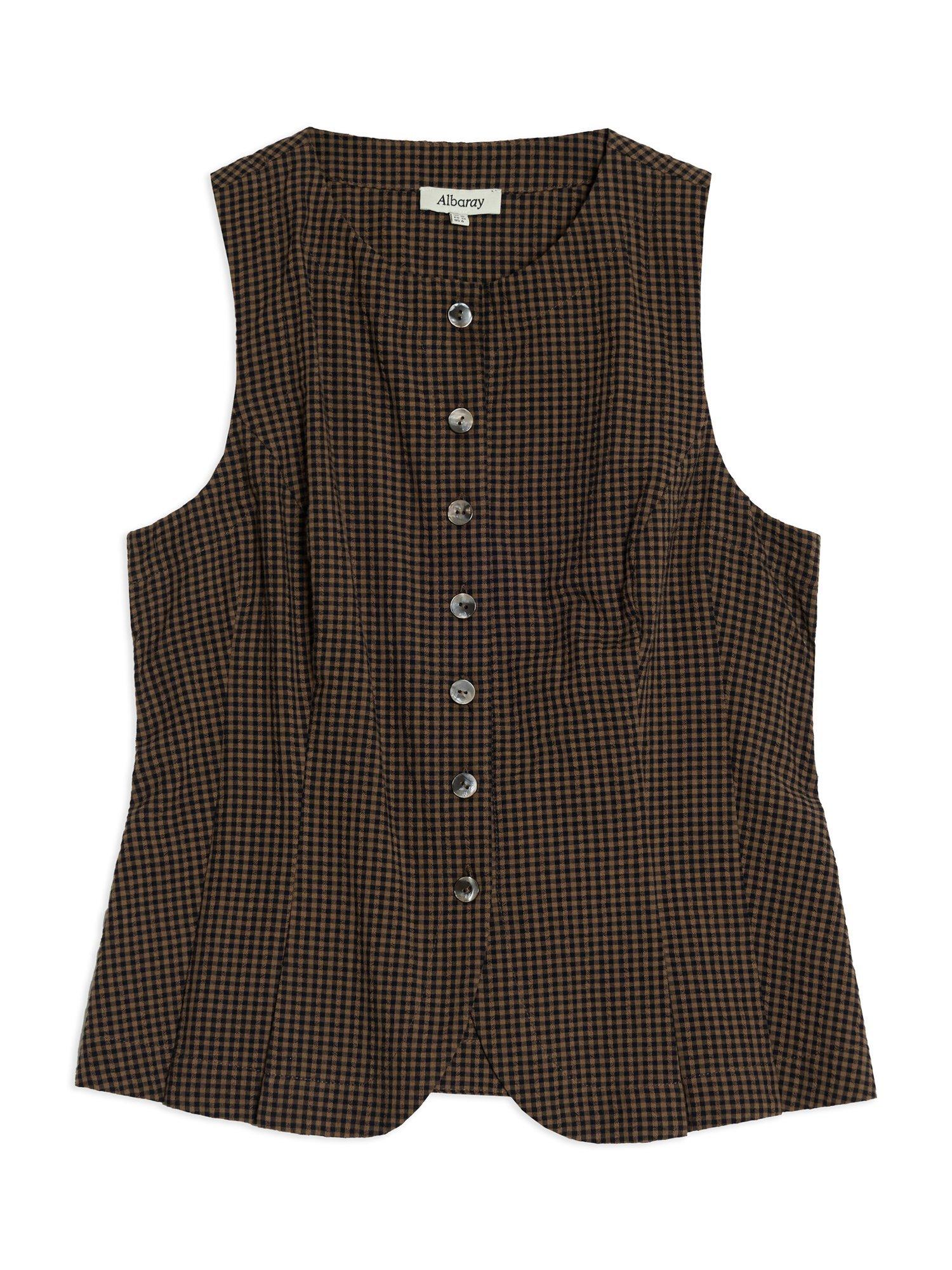 Product image 4 of 6, which shows Albaray Gingham Curved Hem Waistcoat, Brown, 8