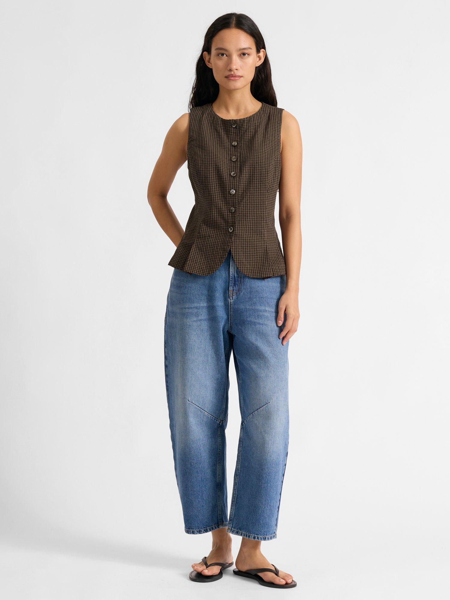 Product image 5 of 6, which shows Albaray Gingham Curved Hem Waistcoat, Brown, 8