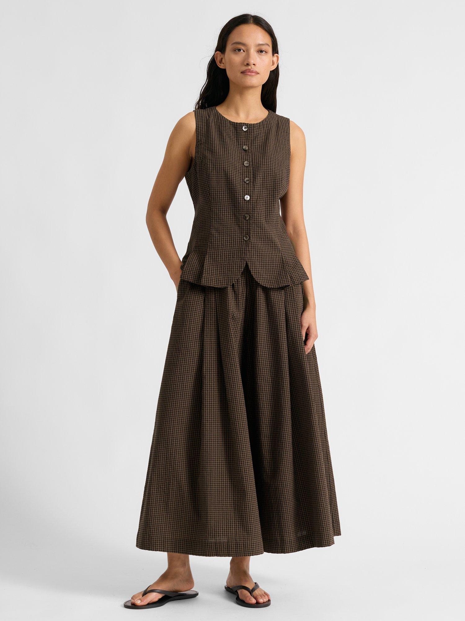 Product image 6 of 6, which shows Albaray Gingham Curved Hem Waistcoat, Brown, 8