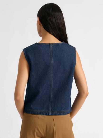Albaray Button Denim Waistcoat, Indigo - view 2, Indigo