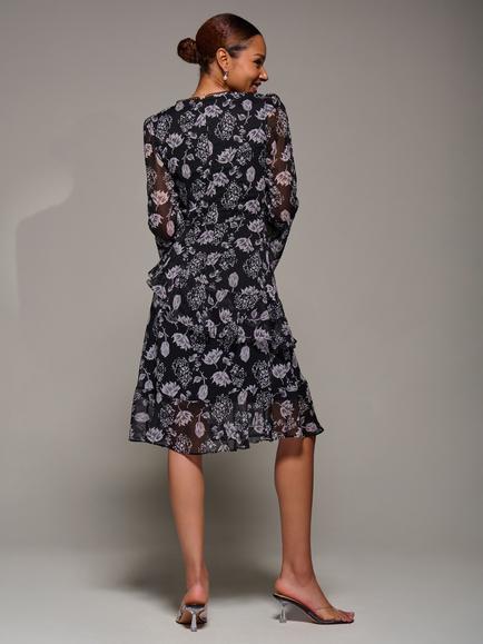 Jolie Moi Floral Chiffon Knee Length Dress, Black - view 2, Black