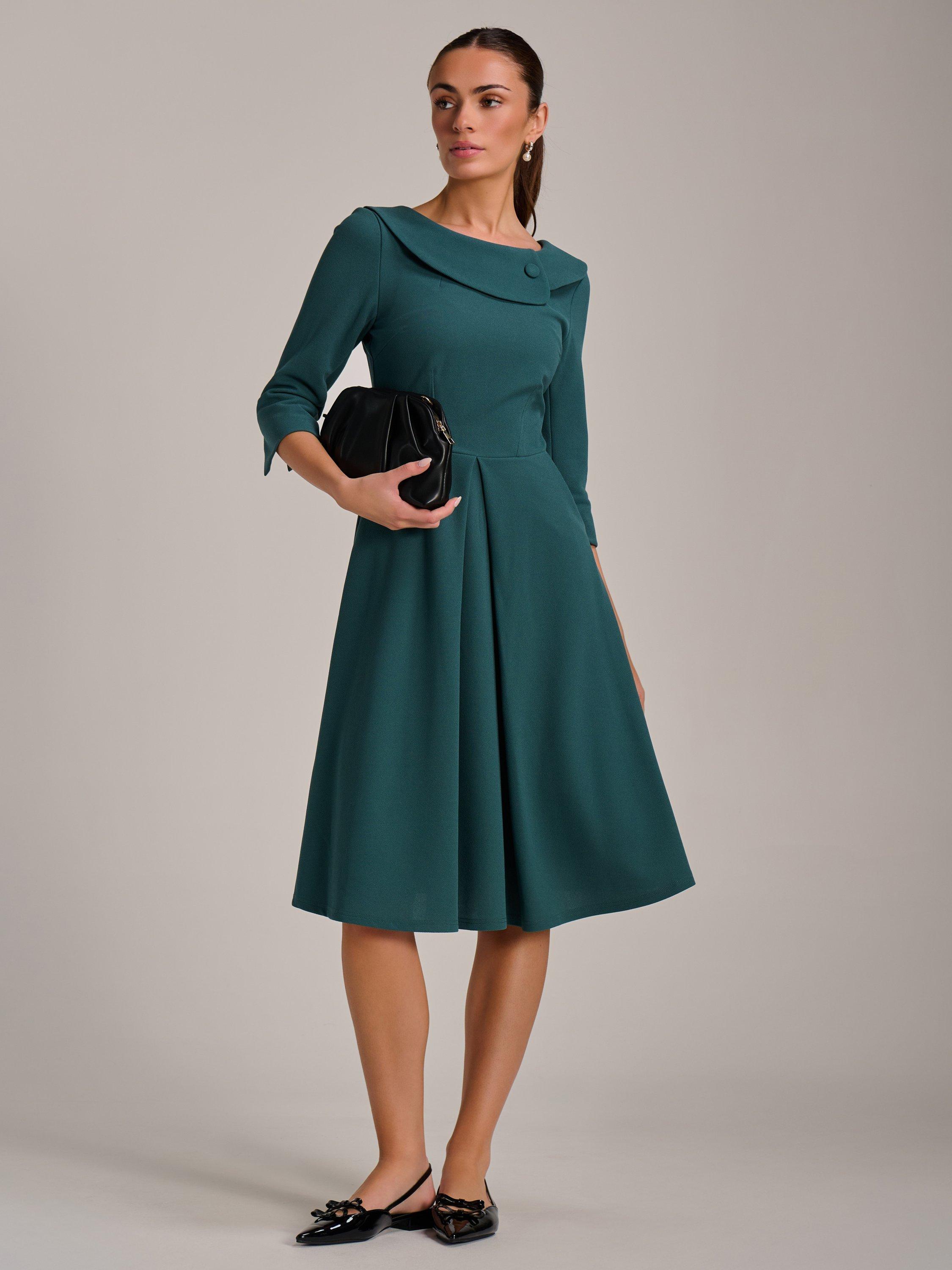 Product image 1 of 6, which shows Jolie Moi Fold Collar Button Midi Dress, Retro Green, 8