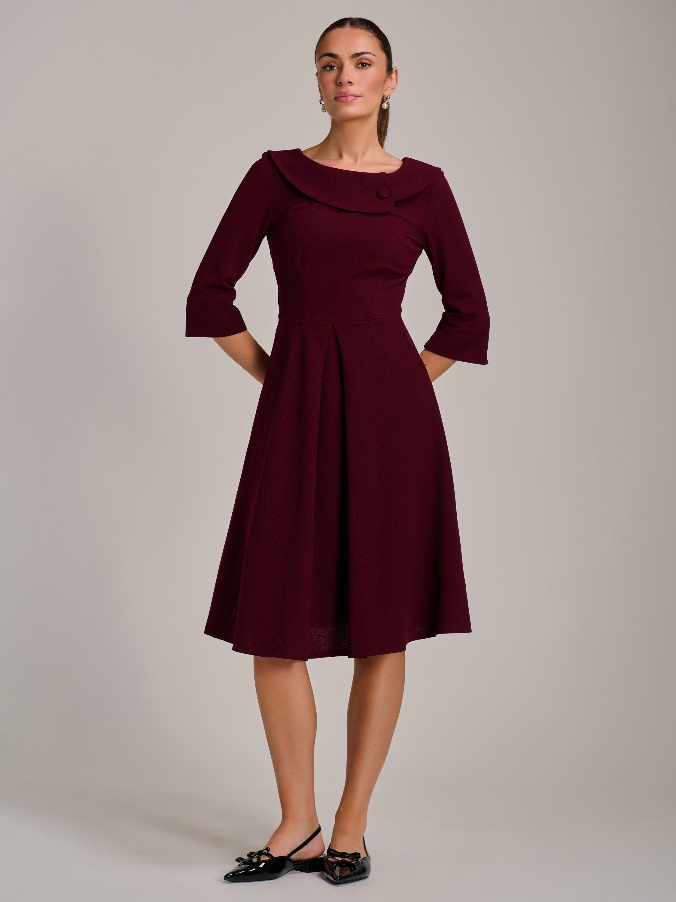 Product image 1 of 6, which shows Jolie Moi Fold Collar Button Midi Dress, Burgundy, 8