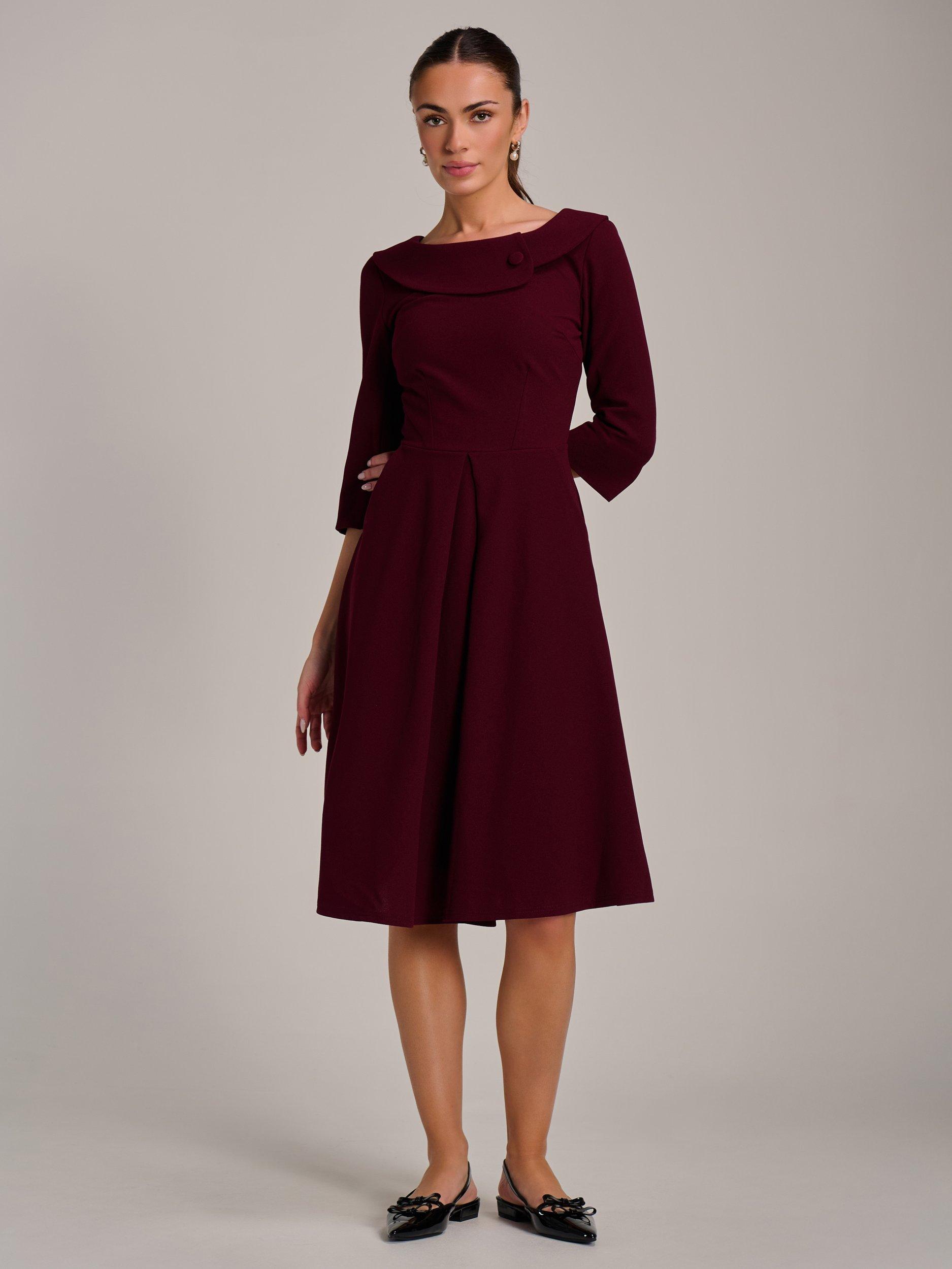 Product image 3 of 6, which shows Jolie Moi Fold Collar Button Midi Dress, Burgundy, 8