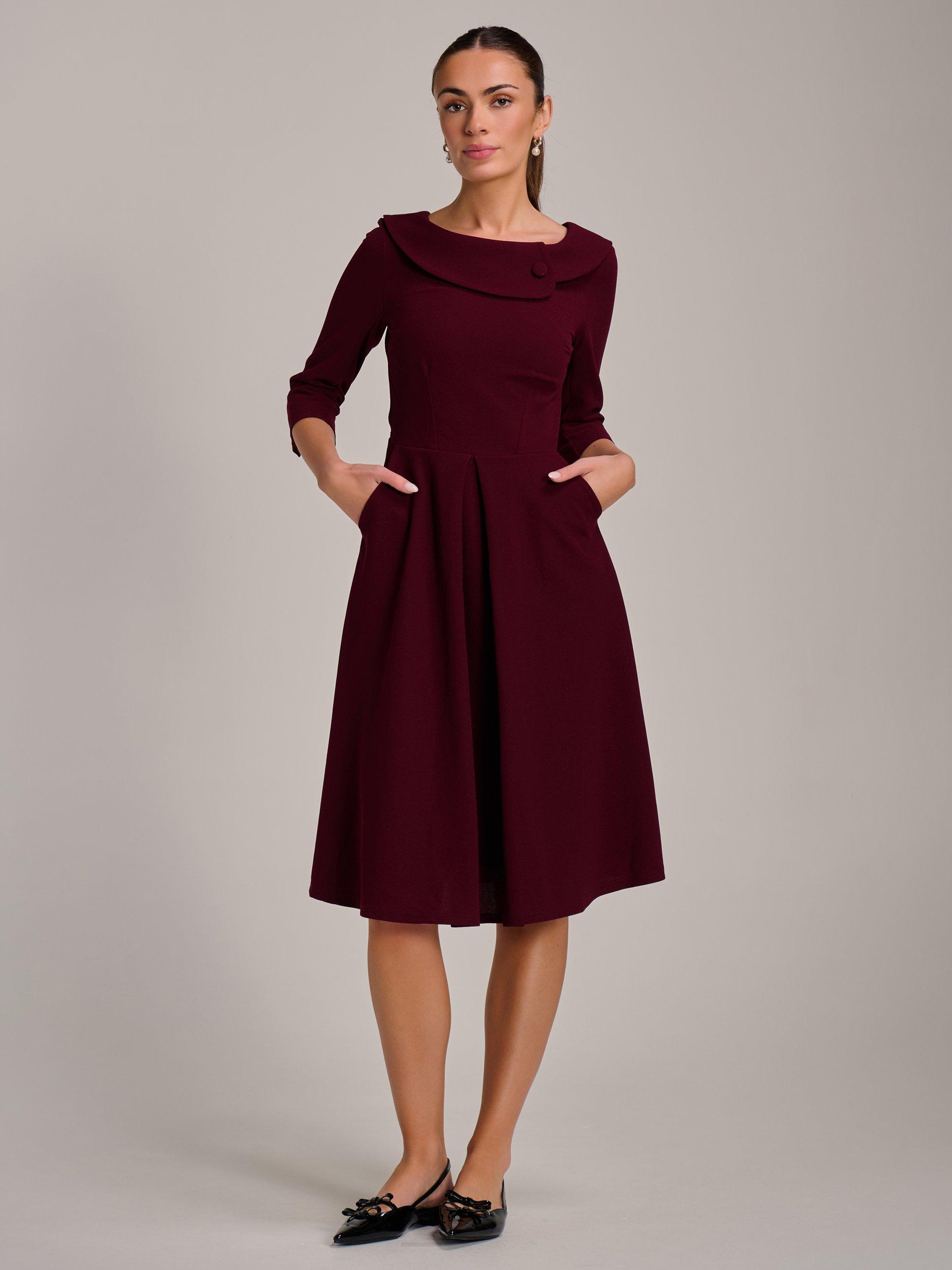 Product image 5 of 6, which shows Jolie Moi Fold Collar Button Midi Dress, Burgundy, 8