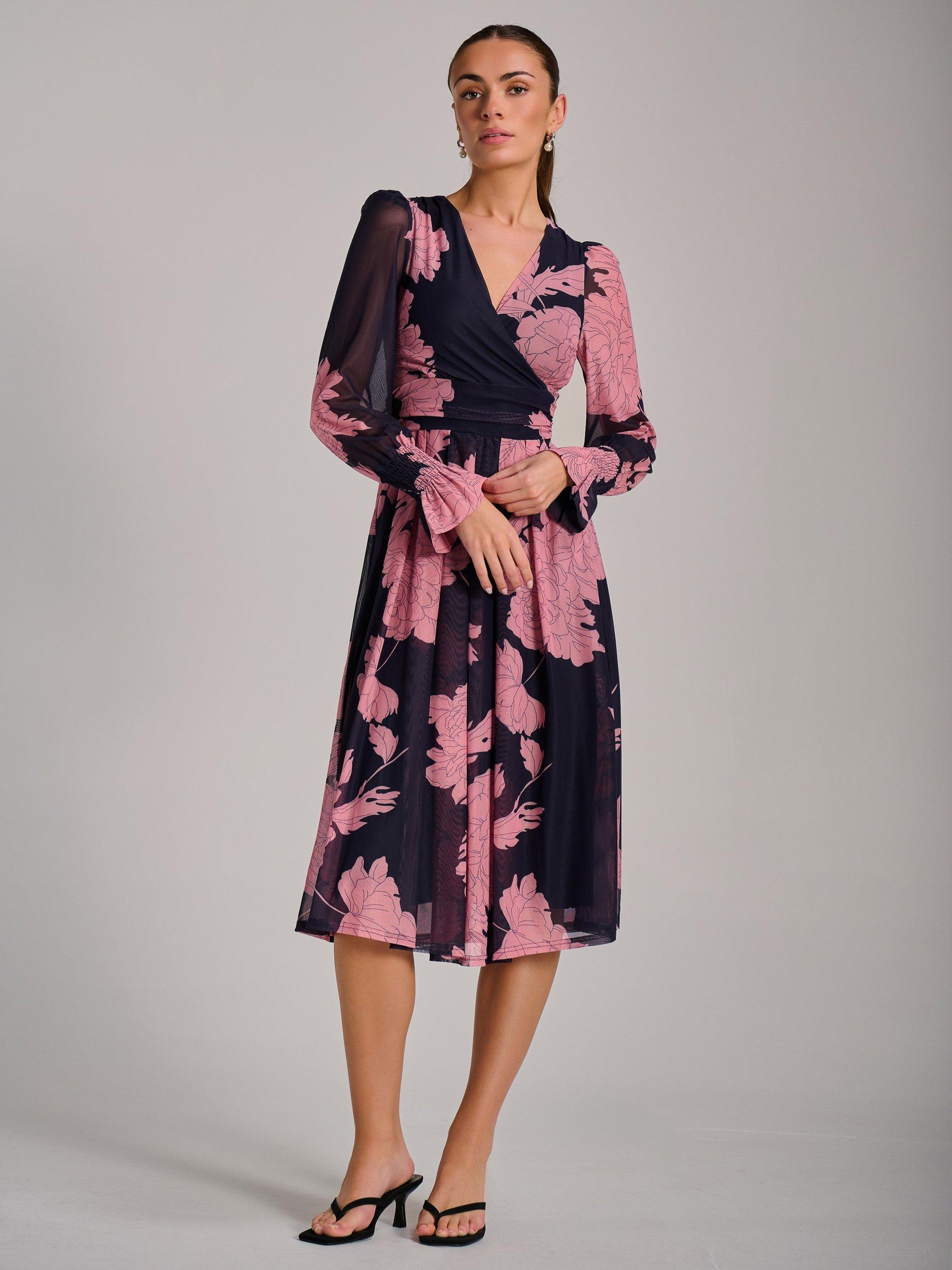 Product image 1 of 7, which shows Jolie Moi Printed Mesh Midi Dress, Pink/Navy, 8
