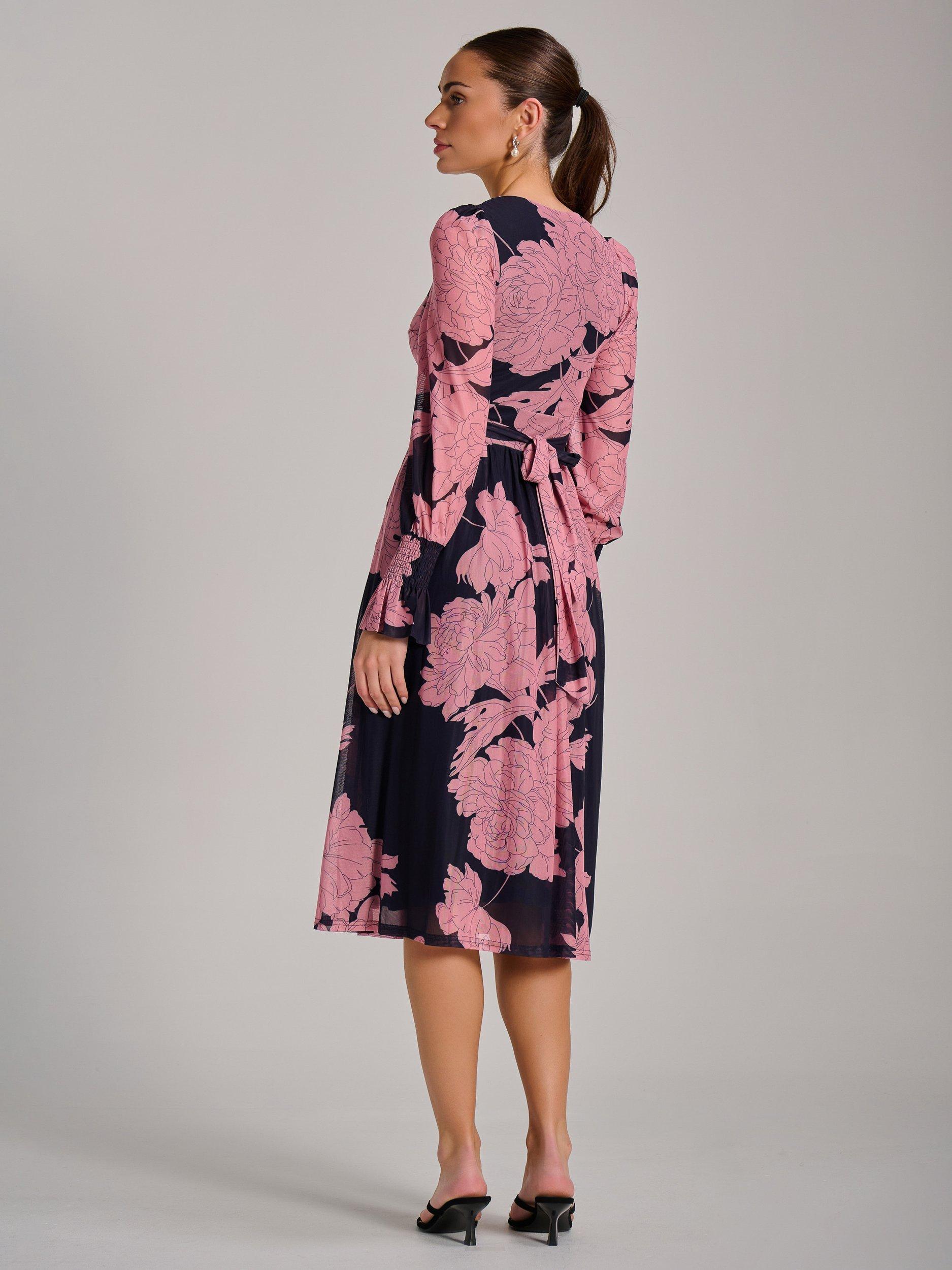 Product image 2 of 7, which shows Jolie Moi Printed Mesh Midi Dress, Pink/Navy, 8