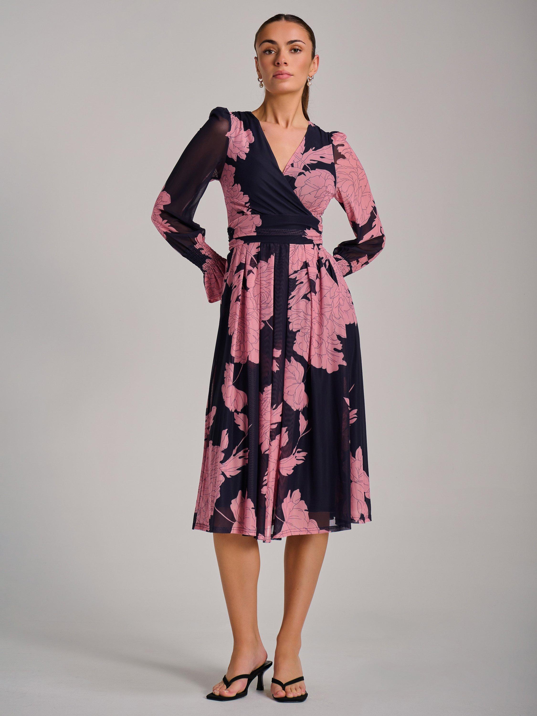 Product image 3 of 7, which shows Jolie Moi Printed Mesh Midi Dress, Pink/Navy, 8